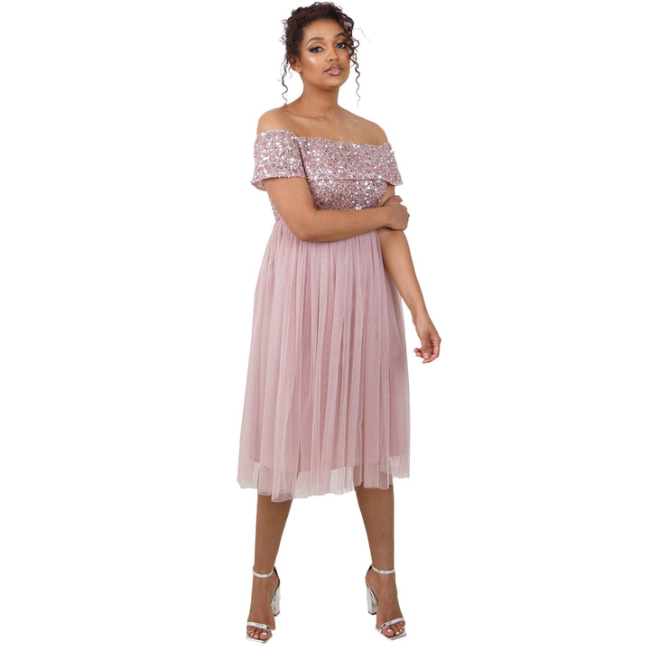 Maya Deluxe Damen Ladies Bardot Dresses Women Midi High Empire Waist Sequins Embellished Formal Even