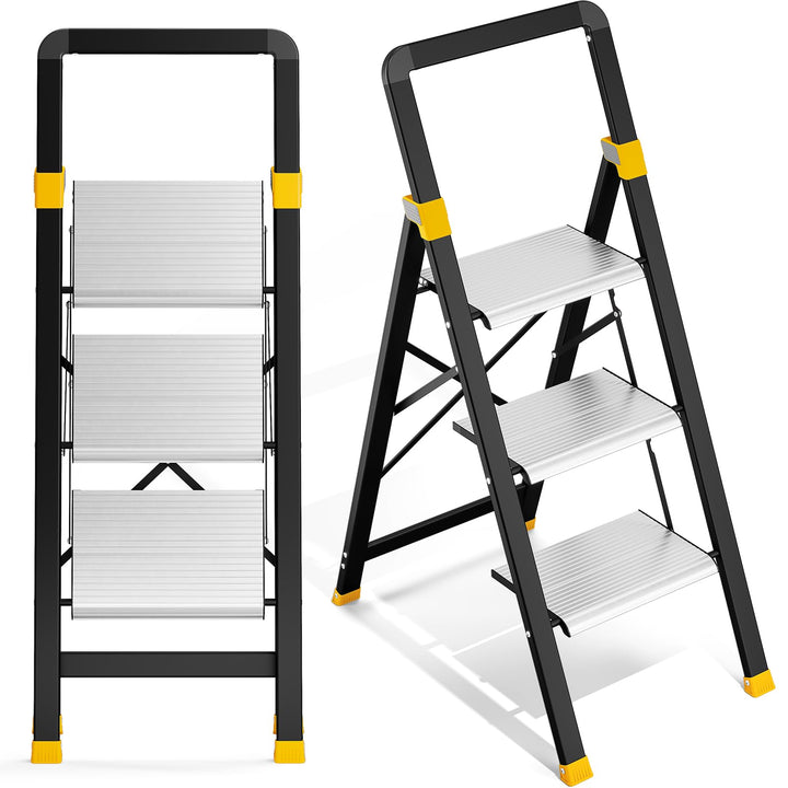 KINGRACK Trittleiter 3 Stufen Klappbar Aluminium, Klappleiter mit Handlauf, Haushaltsleiter Anti-Rut