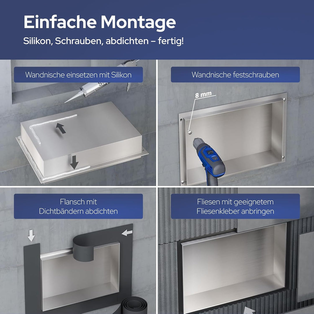 VILSTEIN Wandnische Dusche 30x90 cm [ROSTFREI] - Randlose Nische - Wandnische Silber - Einbauregal f