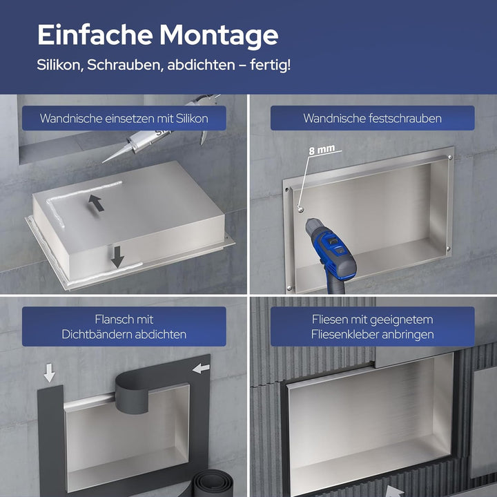 VILSTEIN Wandnische Dusche 30x90 cm [ROSTFREI] - Randlose Nische - Wandnische Silber - Einbauregal f