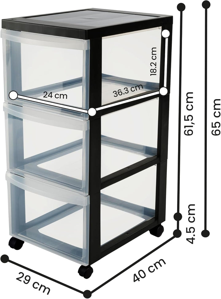 Iris Ohyama Kunststoff-Schubladenbox mit Rollen, 3 tiefen Schubladen, Schwarz, Griffe zum Ziehen, Fü