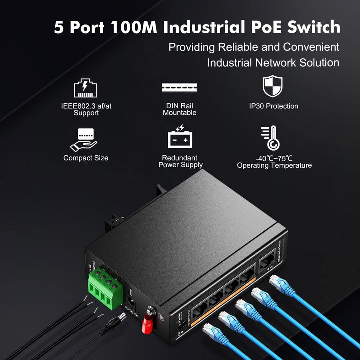 MokerLink 5 Port PoE+ Industrieller DIN-Schienen-Switch, 4 Ports PoE+ IEEE802.3af/at, 1 Uplink, 10/1