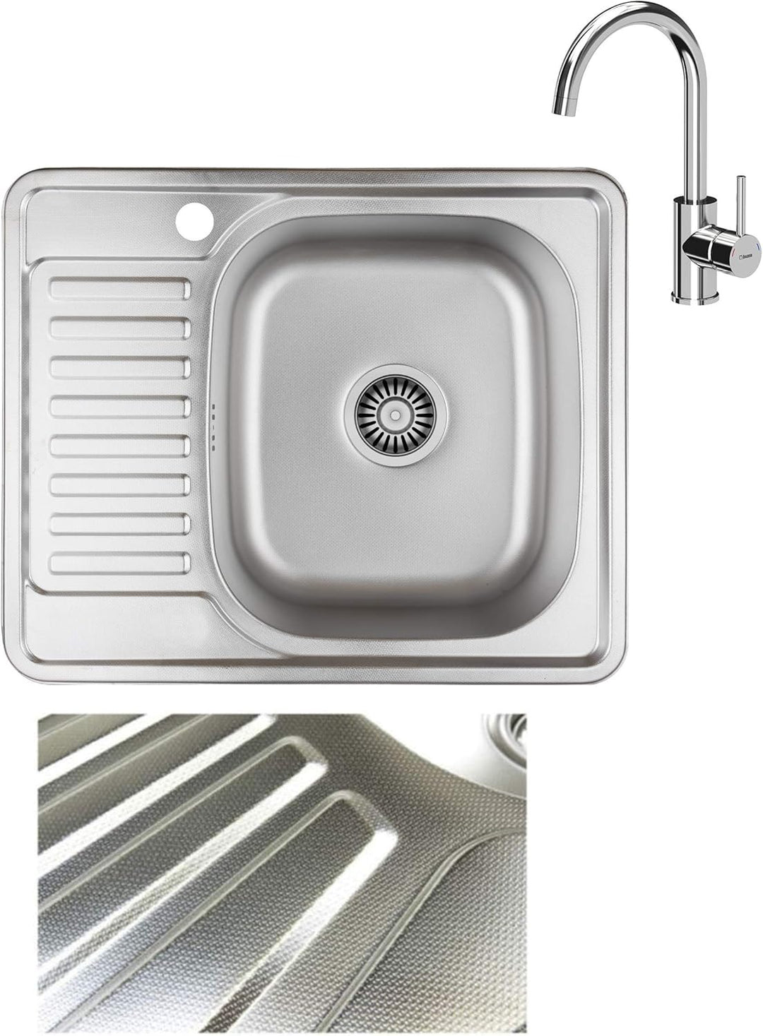 VBChome Einbauspüle mit Armatur 58x48 Leinenstruktur ab 45er Unterschrank Edelstahl Küchenspüle Spül