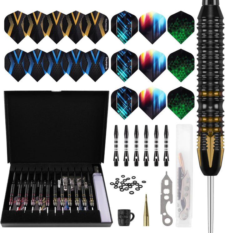 Grebarley Dartpfeile mit Metallspitze,12 Stück Profi Steeldarts 18 Aluminium Schaft mit 9 Flights 20