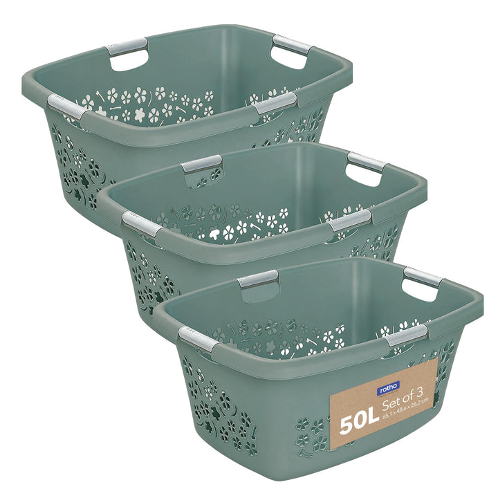 Rotho 3er-Set Wäschekorb Flowers 50l, Kunststoff (PP) BPA-frei, grün, 3x50l, (65,1 x 49 x 26,2 cm),
