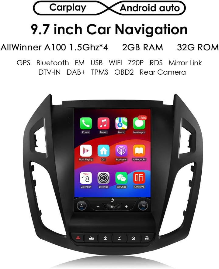 Android 14 9.7Zoll-Autoradio Vertikaler Bildschirm für Frod Transit Connect/Tourneo Connect 2013-201