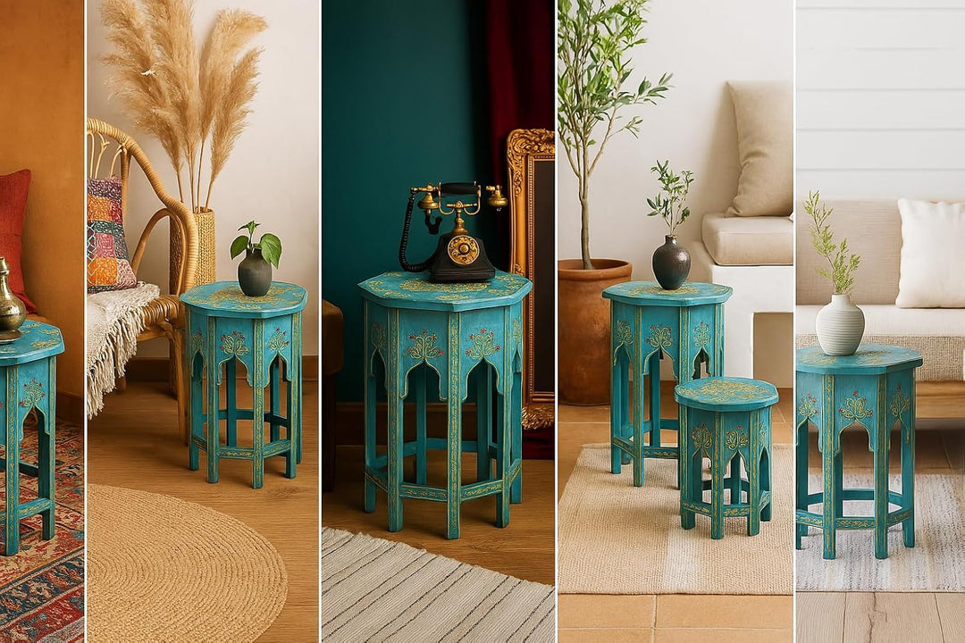 Casa Moro Orientalischer Beistelltisch Saada Blau L Höhe 45 cm x Ø 38 cm aus Holz handbemalt | Kunst