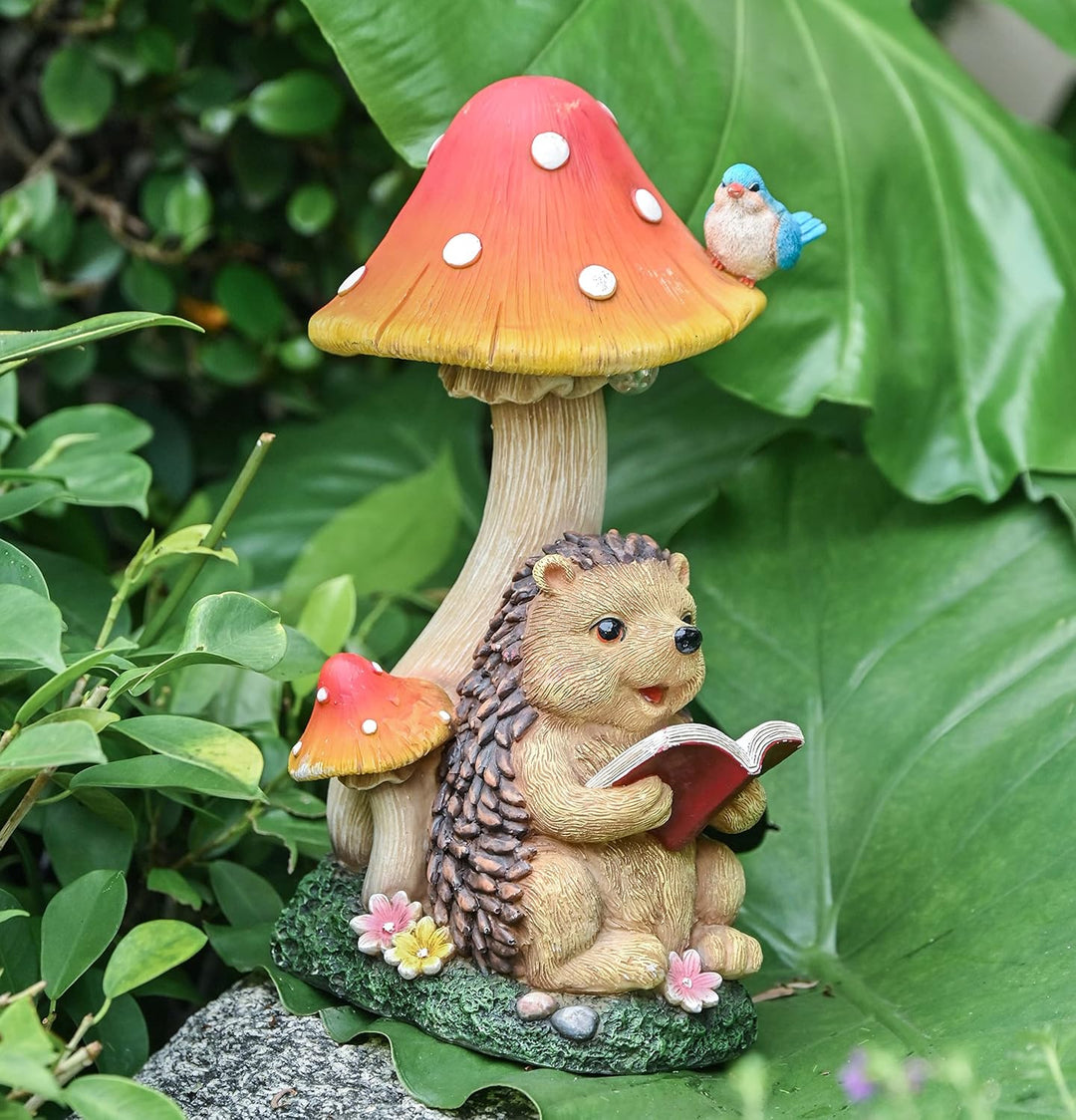 TERESA'S COLLECTIONS Gartendeko für Draussen Igel Gartenfigur mit Pilz Feengarten Figur Solar Garten