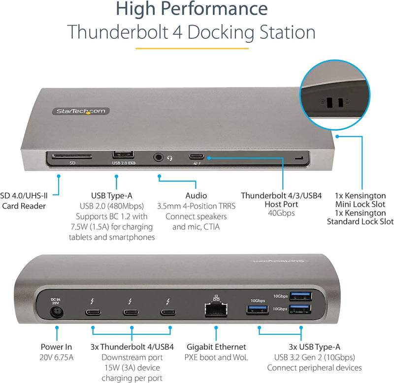 StarTech.com Thunderbolt 4 Dock, 96W PD, Einzelner 8K/Doppelmonitor 4K 60Hz, 3xTB4/USB4 Ports/4xUSB-