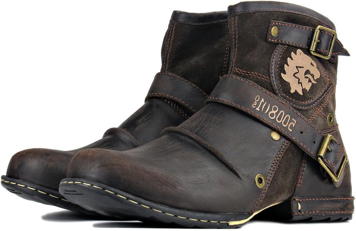 OSSTONE Herren Leder chukkastiefel Worker Biker Boots-Motorrad-Leder-Schuhe für reissverschluss Schn