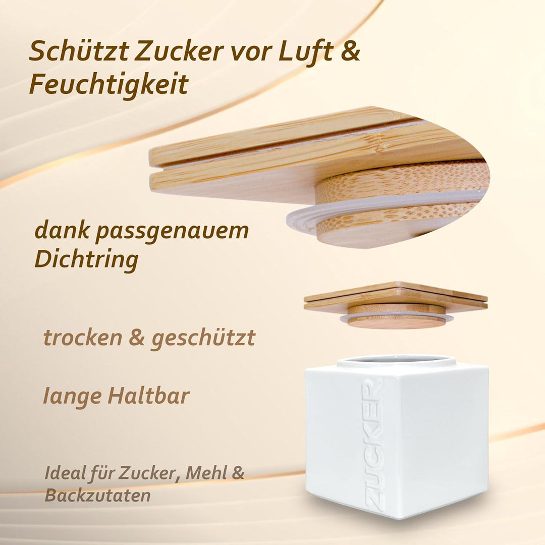 Zuckerdose luftdicht 1kg – Keramik Zuckerbehälter inkl. Bambus Messlöffel - Bambusdeckel für lange H