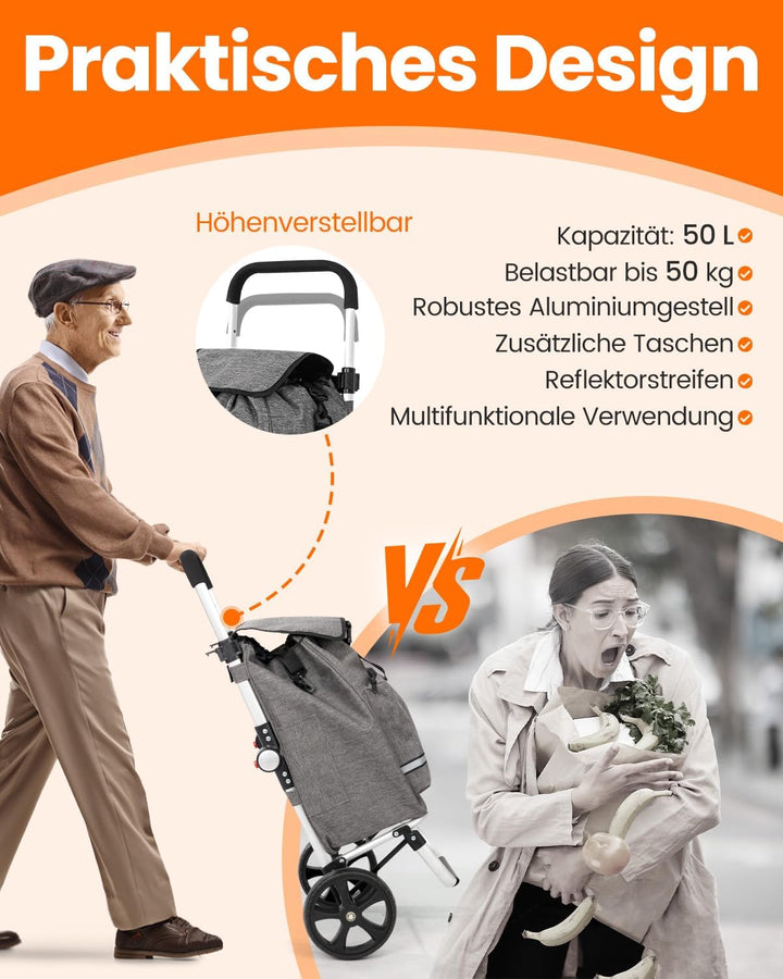 Homecall Einkaufstrolley klappbar Einkaufswagen mit 50L + 5L kühlfunktion Bis 50KG, Einkaufstasche m