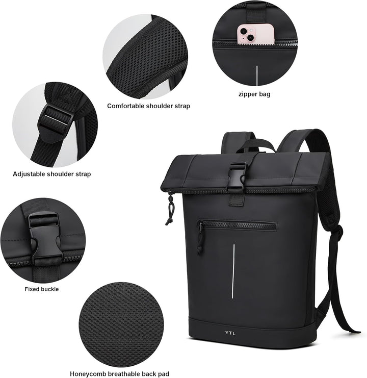 YTL Rolltop Wasserdicht Rucksack für Damen & Herren,mit Laptopfach für 17 Zoll,Gross Elegantrucksack