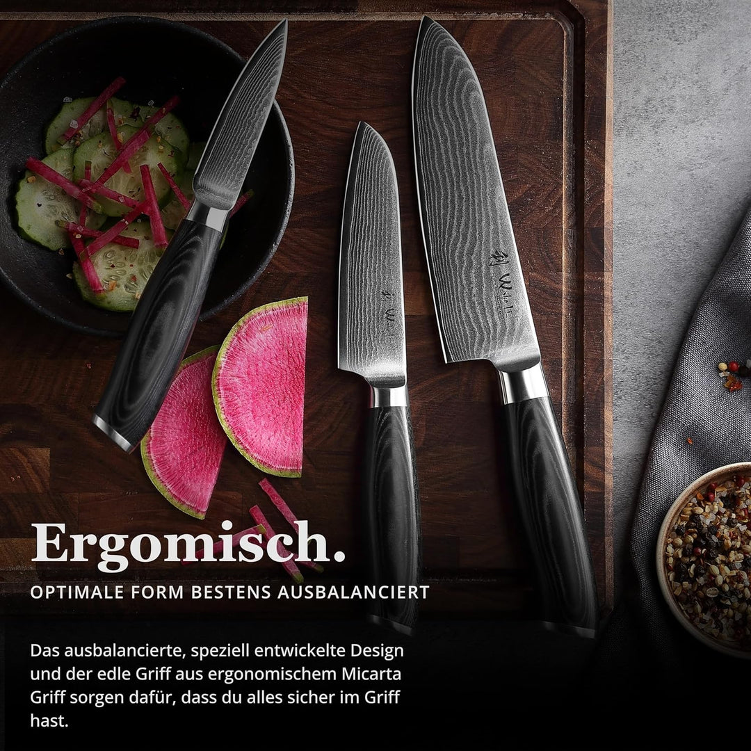 Wakoli 3er Damastmesser-Set mit Klingenlängen von 8,50 bis 17 cm extrem scharf aus 67 Lagen I Hochwe