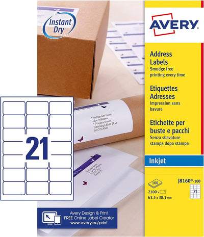 Avery J8160-100 Etiketten für Tintenstrahldrucker Packung mit 100 Blatt weiss