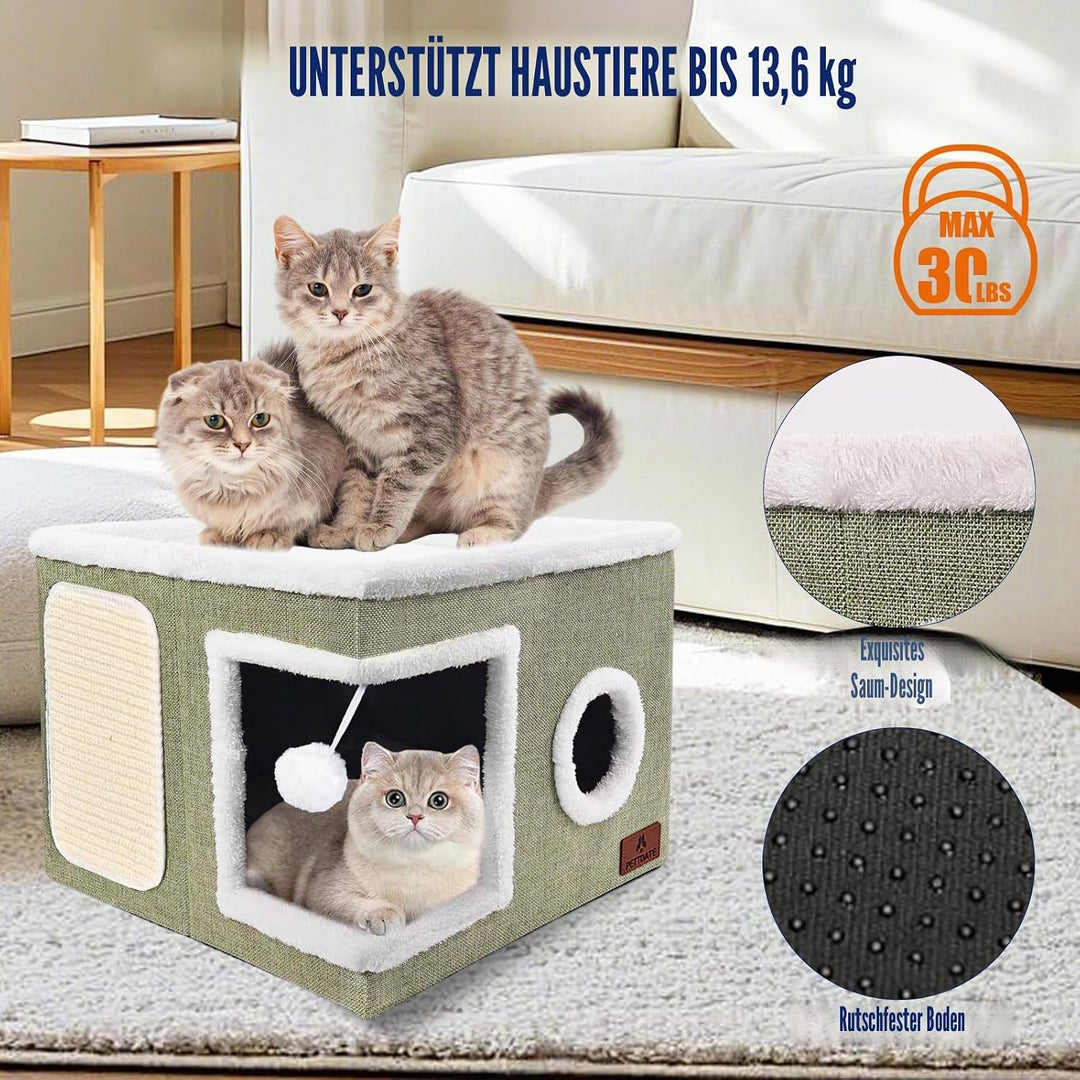 Katzenbetten für Indoor-Katzen, grosses Katzenhöhlenbett mit Kratzunterlage und flauschigem Ball, fa