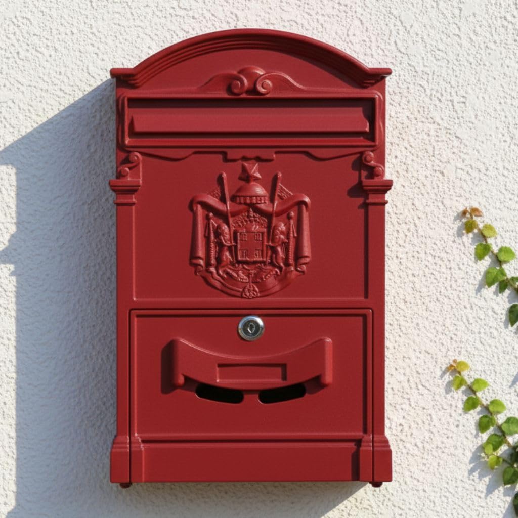 Melko Retro Briefkasten mit A4 Einwurf-Format, Aluguss und Stahl, ca. 25,5 x 8,6 x 41 cm, Rot, Rot