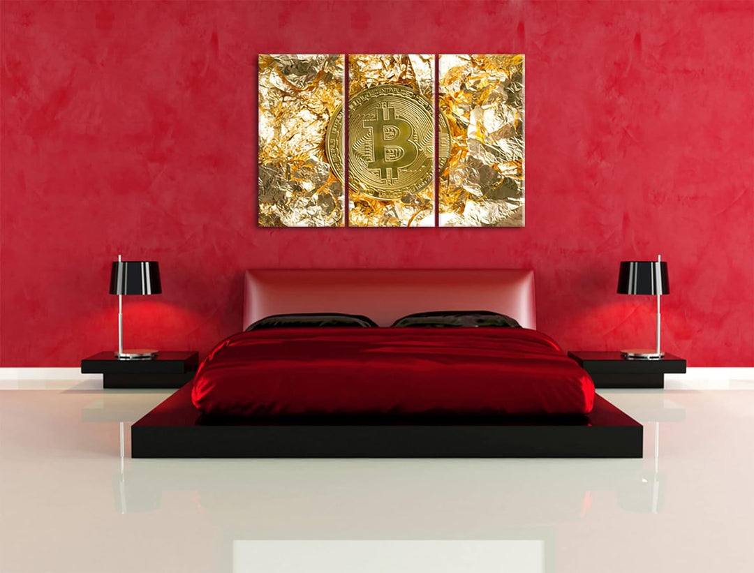 Bitcoin BTC Goldpapierals Leinwandbild 3 teilig | Grösse: 120x80 cm | Wandbild | Kunstdruck | fertig