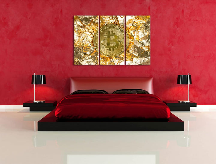 Bitcoin BTC Goldpapierals Leinwandbild 3 teilig | Grösse: 120x80 cm | Wandbild | Kunstdruck | fertig