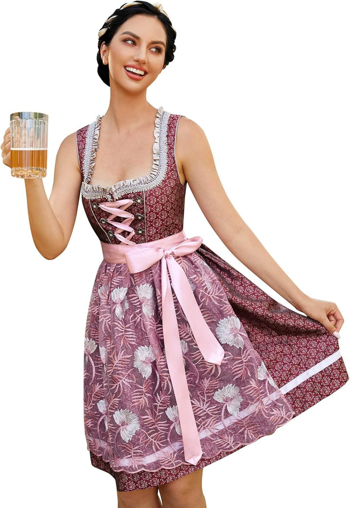 KOJOOIN Trachtenkleid Dirndl Kurz Damen Mid mit Spitzenschürze 2tlg. für Oktoberfest von Gr 34 bis 4
