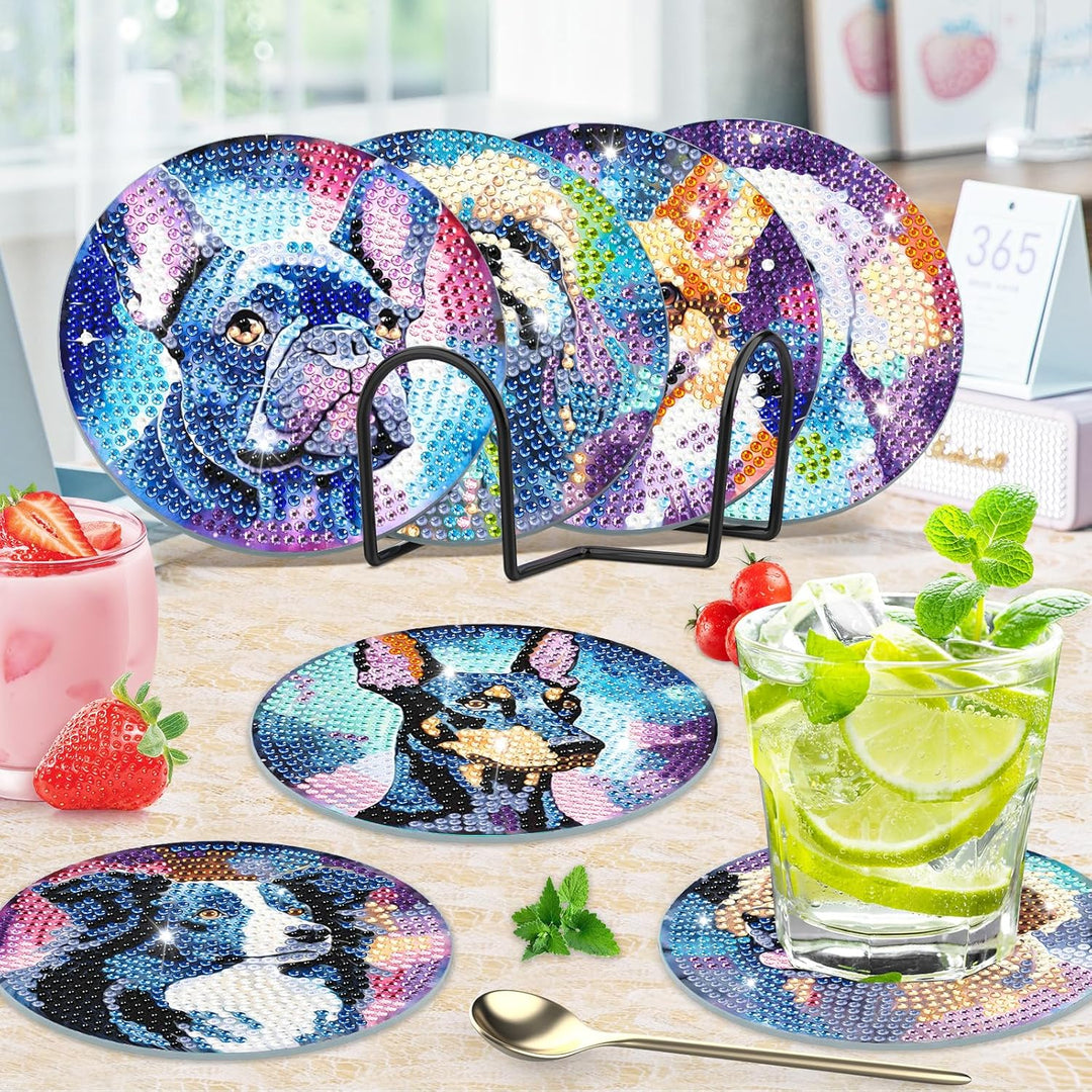 8 STK Diamond Painting Untersetzer Hund mit Halter, Diamond Painting Hund, Diamant Painting Bilder E