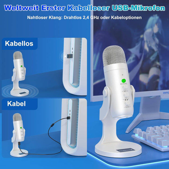 zealsound K66 Wireless USB Mikrofon – Kabelloses Desktop-Kondensator-Mikrofon, Noise-Reduction, Nier