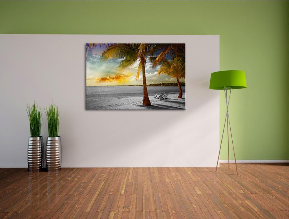 Liegestühle am Strand mit Palmen schwarz/weiss Format: 100x70 auf Leinwand, XXL riesige Bilder ferti