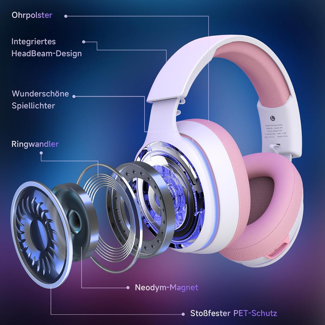 Gvyugke Gaming Headset Wireless, Pink Gaming Kopfhörer Kabellos mit Abnehmbares 3D-Stereomikrofon, B