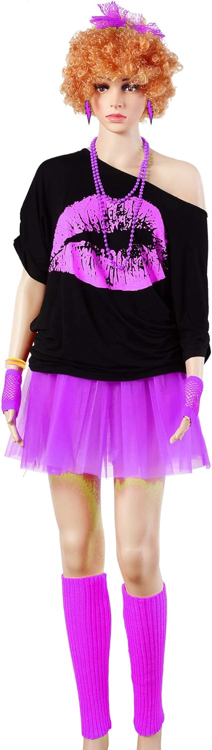 80 Jahre Kostüm Zubehör Set, T-Shirt Tutu Stirnband Ohrring Halskette Beinlinge XS Violett, XS Viole