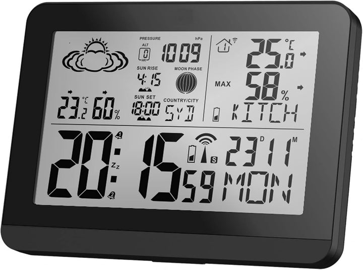 Miraval Moderne Design Funk-Wetterstation mit Aussensensor bennenbar Mondphase Sonnenaufgang Sonnenu