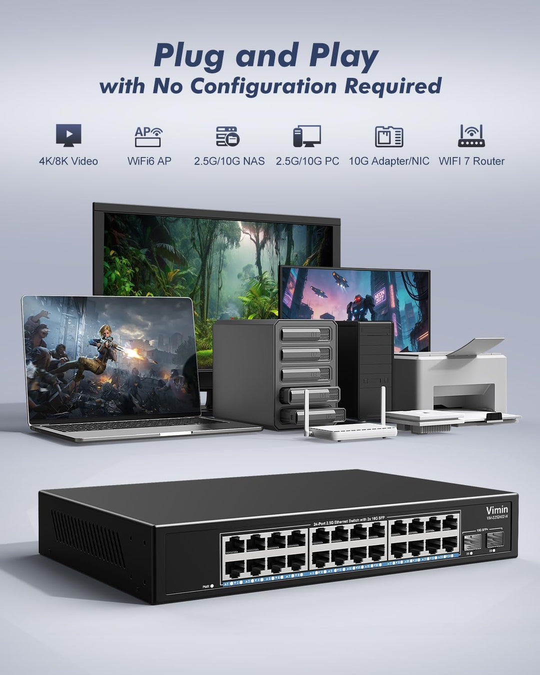 2.5G 26 Ports Network Switch with 2x10G SFP, VIMIN 24x 2.5G Base-T Unmanaged Switch 2.5G Switch 4 Po