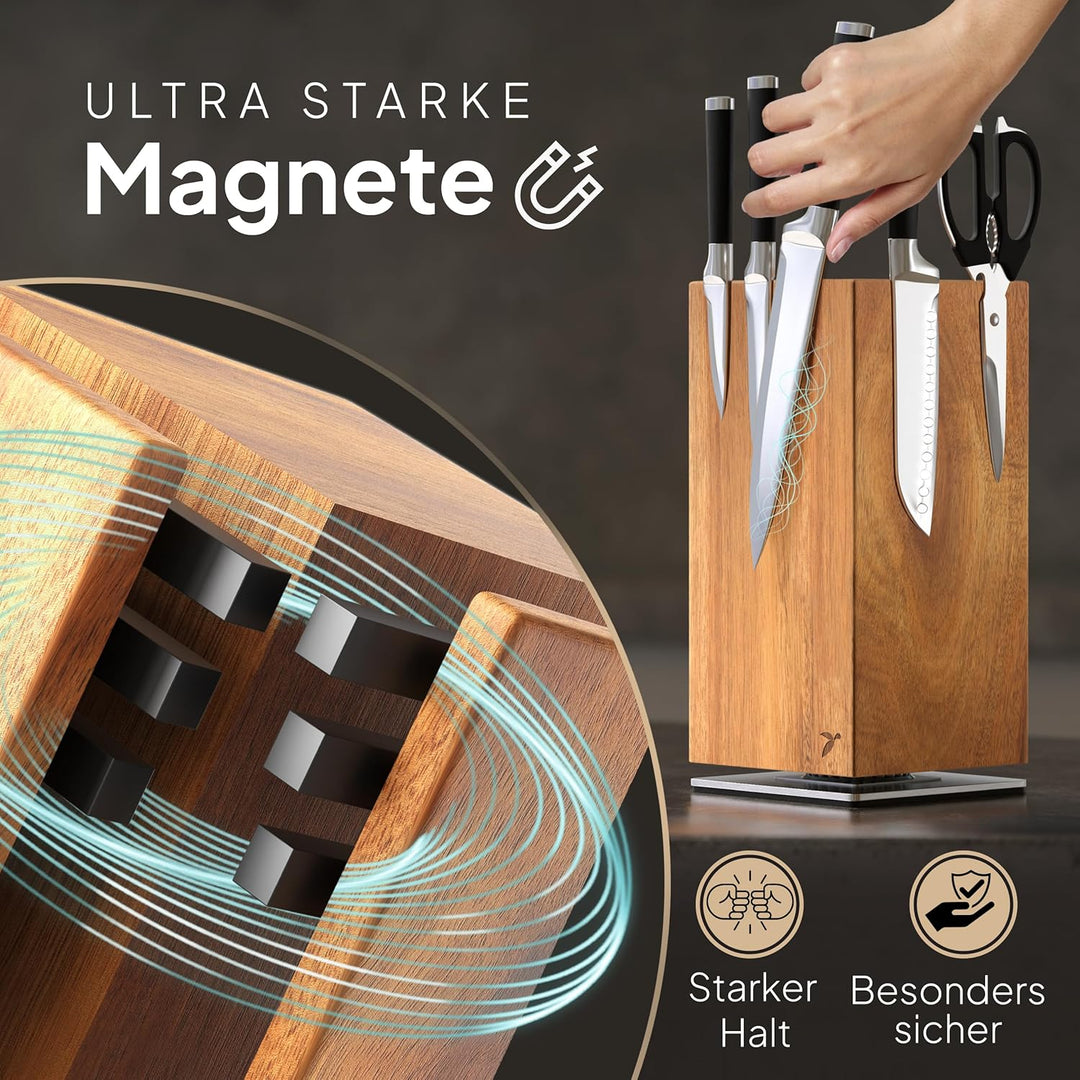 Messerblock Drehbar 360 Grad Magnetisch Ohne Messer Akazienholz – Magnet-Messerhalter Universal Unbe