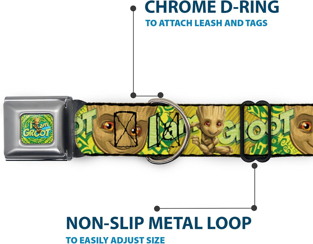 Buckle-Down Hundehalsband, Sicherheitsgurt-Schnalle, Baby-Groot-Gesicht, I Am Groot, Braun, Grün, Ge
