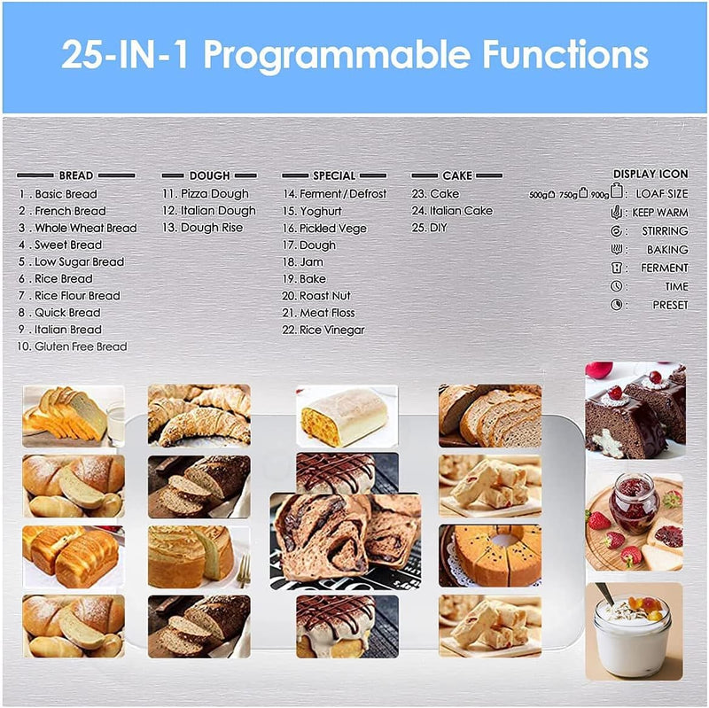 COOCHEER Brotbackautomat Backmeister Edelstahl Brotbackmaschine mit 25 Backprogramme, 3 Backfarben u