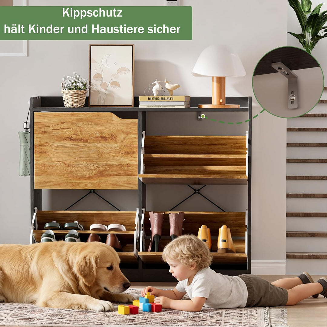 Schuhschrank Schmal mit 4 Klappen, Platzsparender Schuhkipper Holz Schuhkommode Schuhregal mit 4 Abl