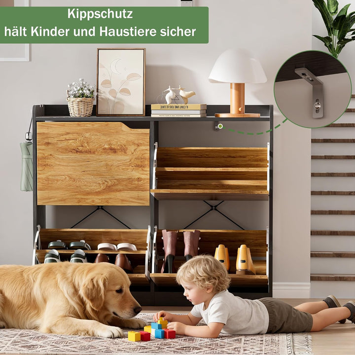 Schuhschrank Schmal mit 4 Klappen, Platzsparender Schuhkipper Holz Schuhkommode Schuhregal mit 4 Abl