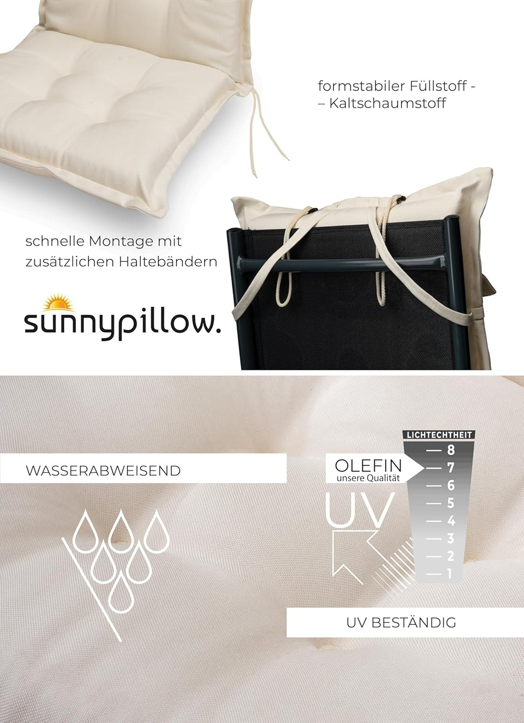 sunnypillow 2 Stück Gartenstuhlauflagen mit abnehmbarem Kopfpolster - 120 x 50 x 9cm - Stuhlauflagen