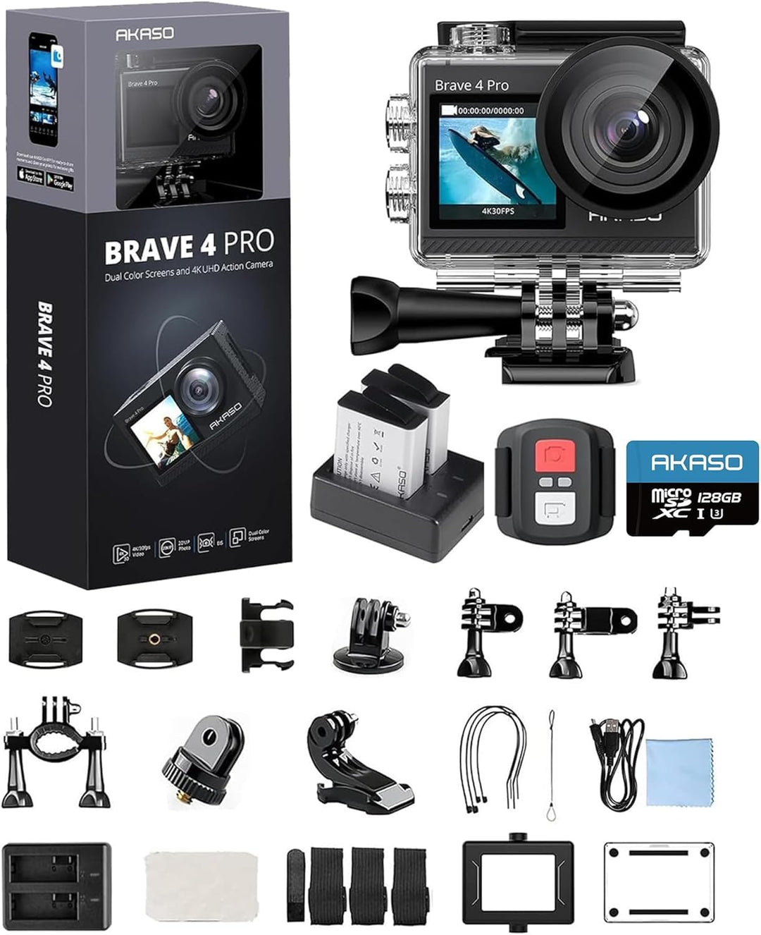 AKASO Brave 4 Pro Action Cam 4K30FPS 20MP mit 128GB U3 Speicherkarte 40M Unterwasserkamera Ultra HD