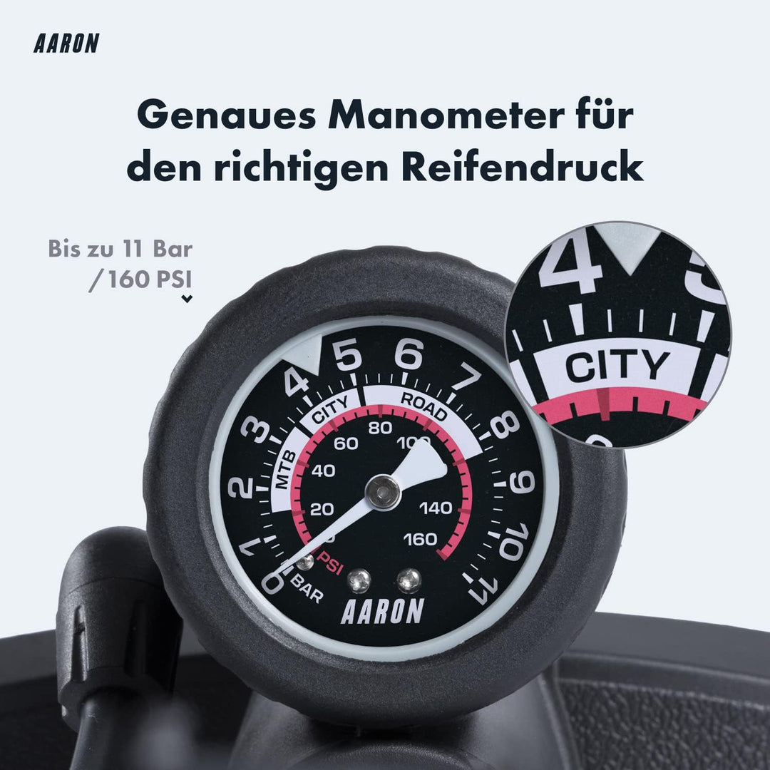 AARON AIR Fahrrad Standpumpe mit Manometer für alle Ventile, Hochdruck Fahrradpumpe Rennrad, Luftpum