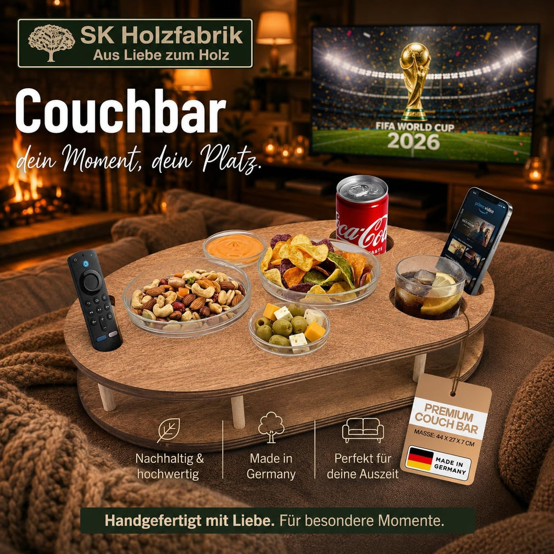 Couchbar Snackbox mit 4 Glasschalen - Sofabar für Snacks und Getränke - Couchtabletts mit Getränkeha