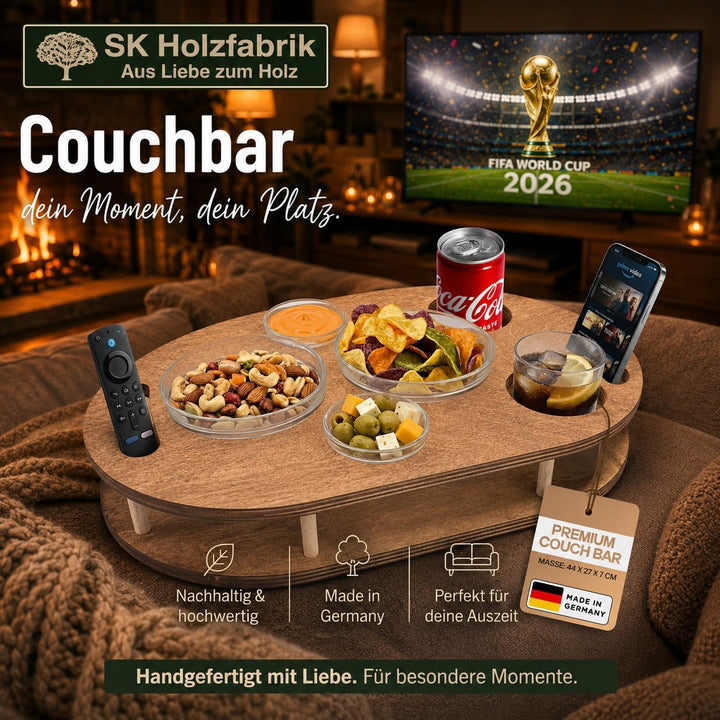 Couchbar Snackbox mit 4 Glasschalen - Sofabar für Snacks und Getränke - Couchtabletts mit Getränkeha