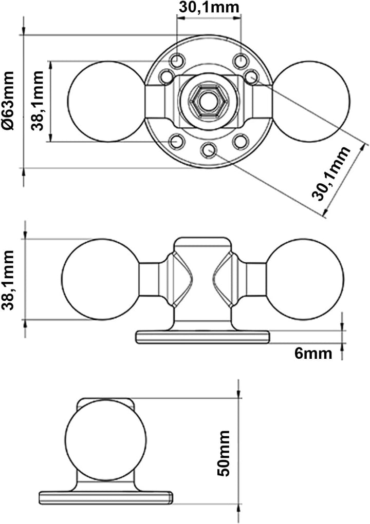 1,5 Zoll Dual Kugelhalterung Aluminiumlegierung, C-Grösse 38mm Doppel Kugel Basis mit AMPS Lochmuste