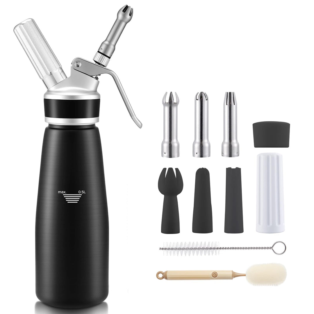 Sahnespender 500 ml, Professioneller Aluminium Sahnesiphon, mit 3 Edelstahl Deko-Düsen 3 Kunststoffd