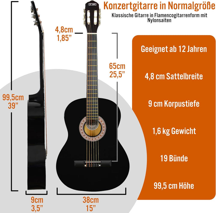 3rd Avenue 4/4 Flamencogitarren-Starterset in Normalgrösse mit Nylonsaiten – mit Tasche, Saiten – in