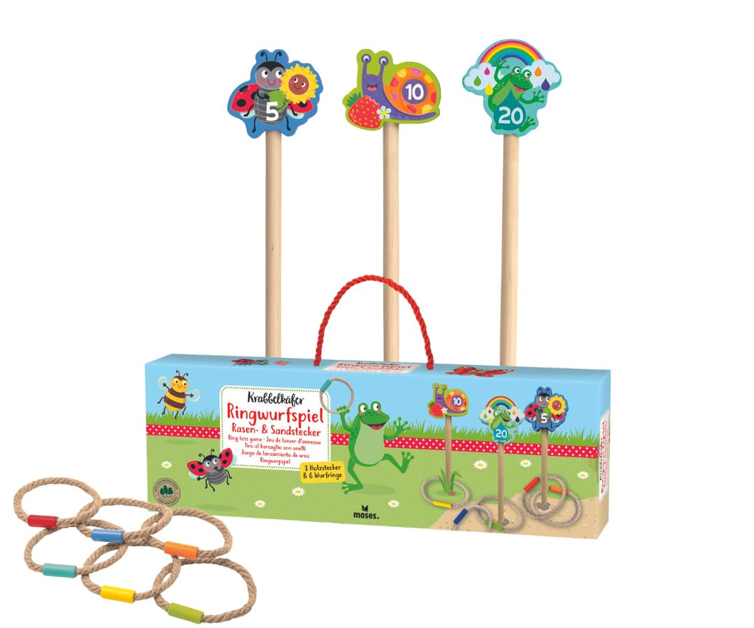 Moses. Krabbelkäfer Ringwurfspiel Rasen & Sandstecker, Wurfspiel für draussen mit 3 Holzsteckern und