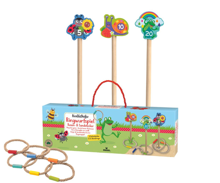 Moses. Krabbelkäfer Ringwurfspiel Rasen & Sandstecker, Wurfspiel für draussen mit 3 Holzsteckern und