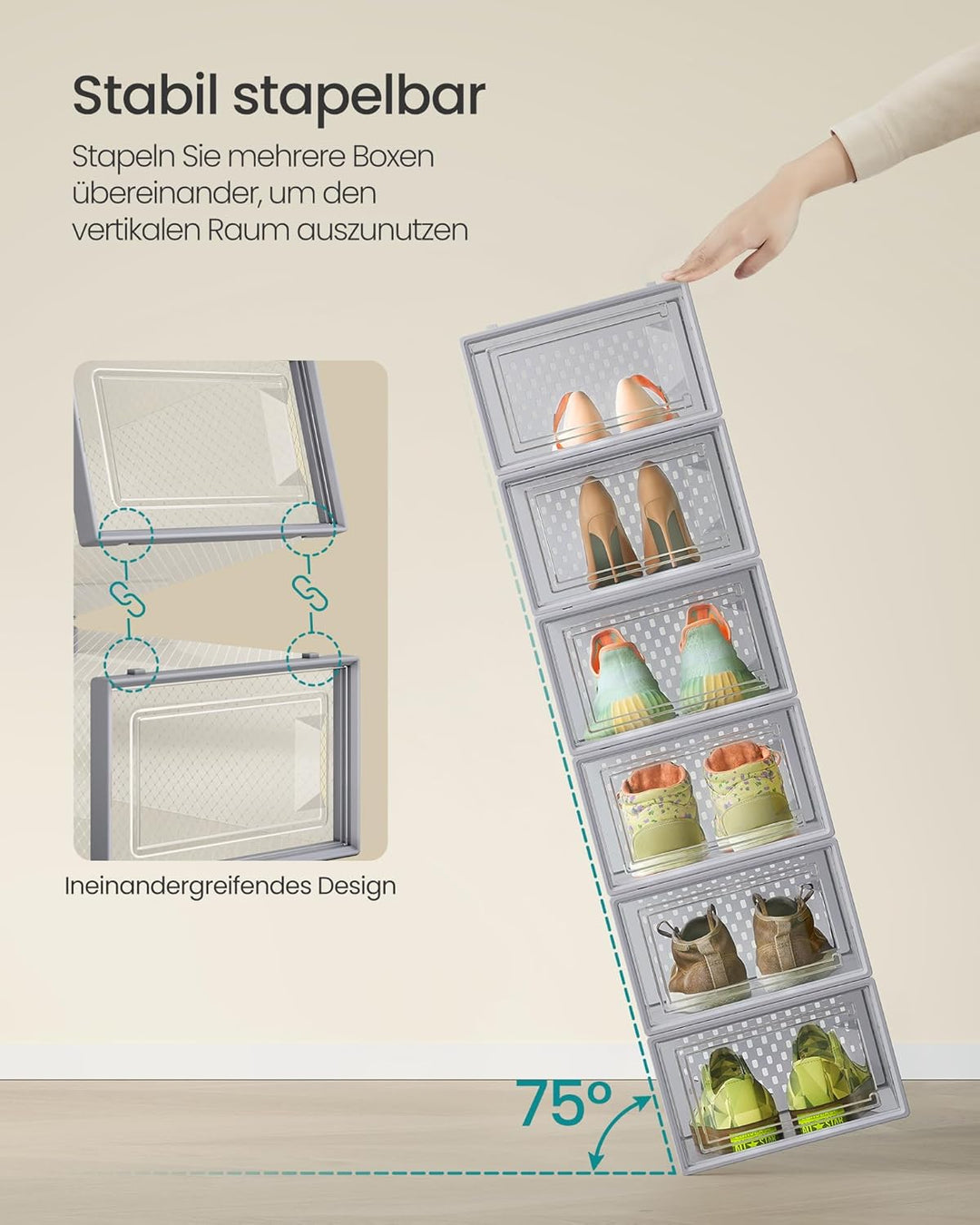 SONGMICS Schuhboxen, 18er Set Schuhkartons durchsichtig, faltbar und stapelbar, bis Grösse 44, trans