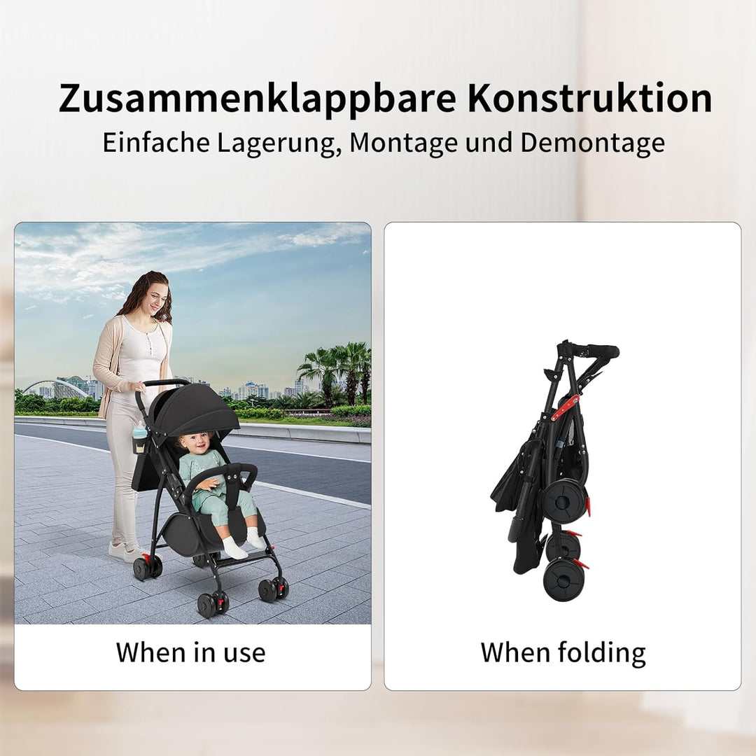 Kinderwagen Buggy Liegefunktion, Leichter 4-Rad Buggy ab 0–4 Jahre, Verstellbare Rückenlehne, Klein