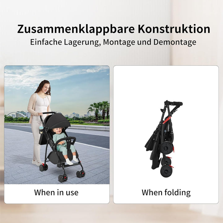 Kinderwagen Buggy Liegefunktion, Leichter 4-Rad Buggy ab 0–4 Jahre, Verstellbare Rückenlehne, Klein