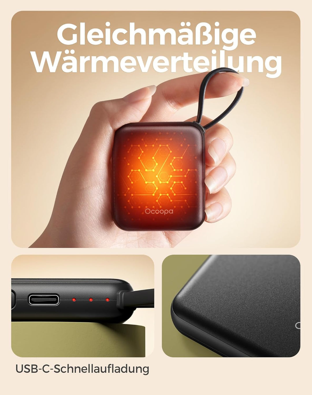 OCOOPA Handwärmer Elektrisch 2er Set, Wiederverwendbar 4000mAh USB Taschenwärmer, 3 Wärmestufen, Max